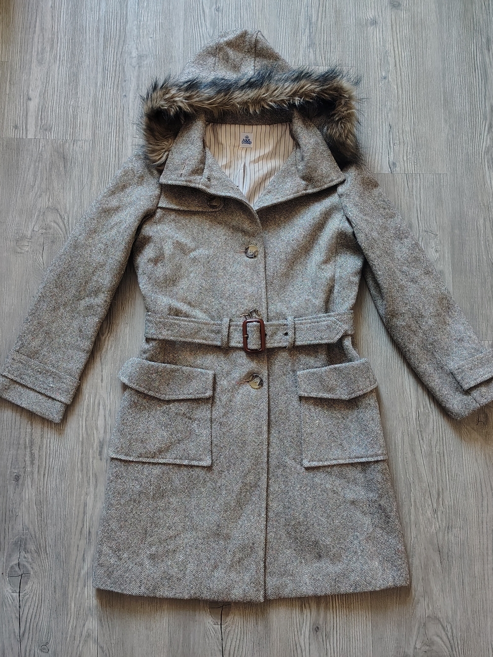 Tout A Coup Womens Tweed Hooded Belted Overcoat Size M Removable Fur Hood Cotton